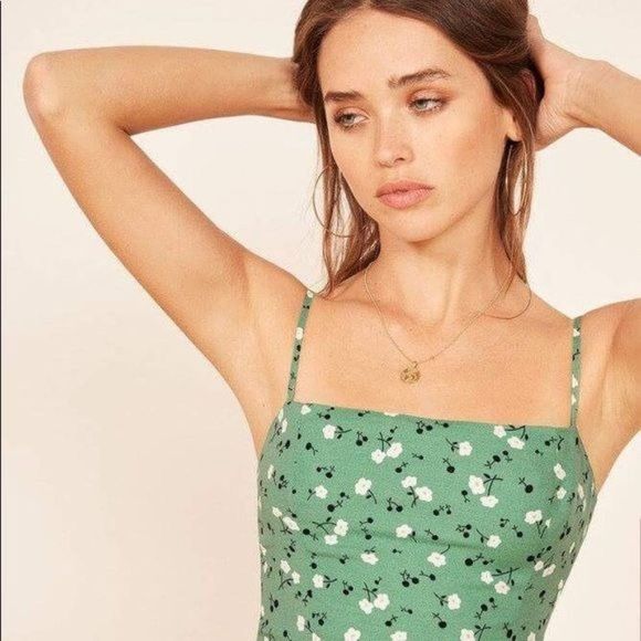 Reformation Sam Pico Green Floral Bodycon Stretch Mini Dress - Picture 3 of 9
